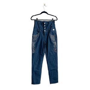 Dereon Women Denim Jeans Ultra High Waisted Corset Rhinestones Blue Sz 7/8